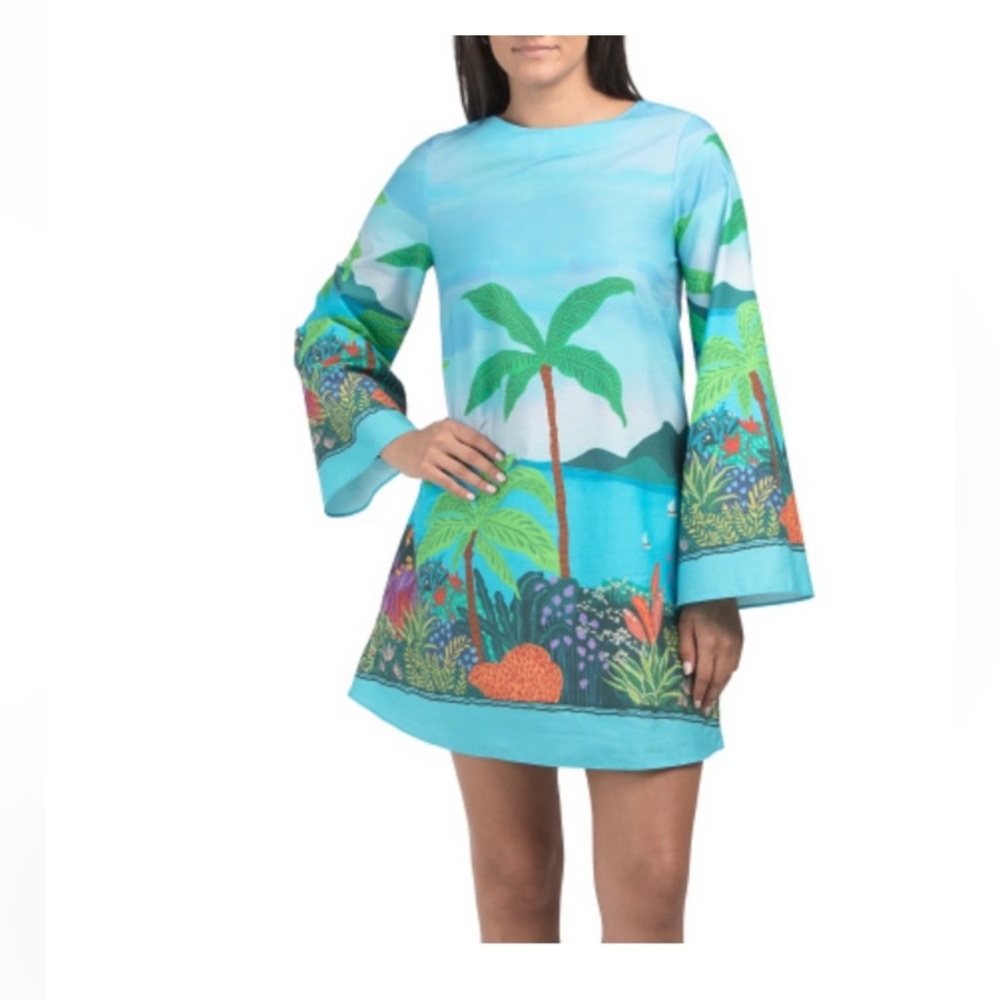 CELINA MOON Tropical Print Mini Dress - Blue and Green